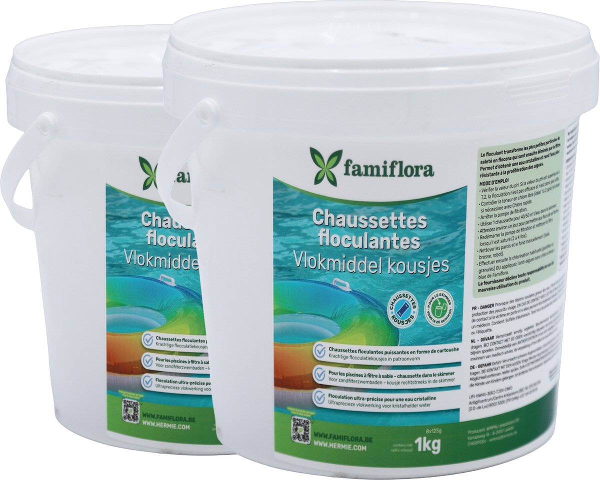 Famiflora Flocculant (vlokmiddel) kousjes 2x 1KG - Vlokt de kleinste vuildeeltjes zodat je water snel helder wordt en filter optimaal werkt