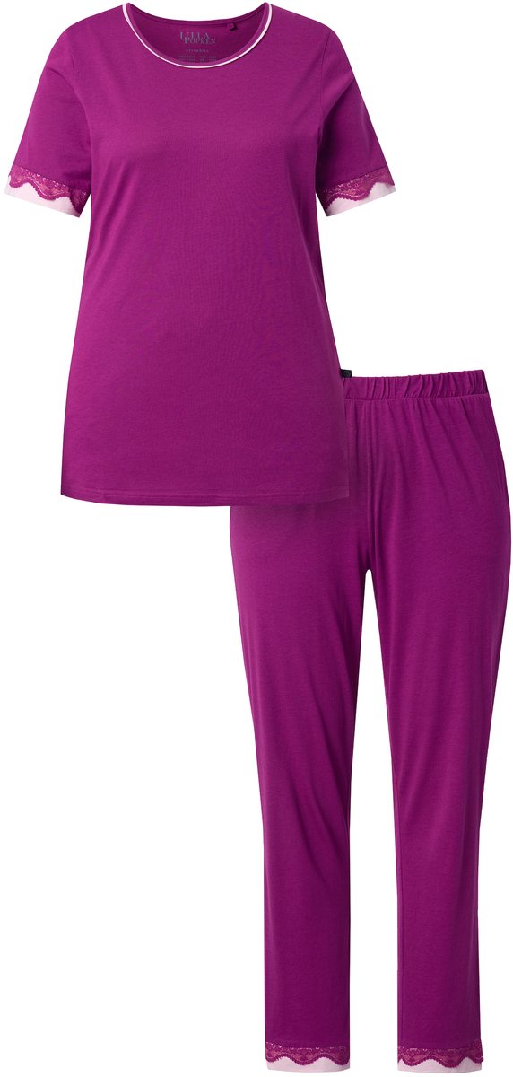 Ulla Popken Dames - Pyjama kanten randen ronde hals korte mouw - Bes - Maat 46+