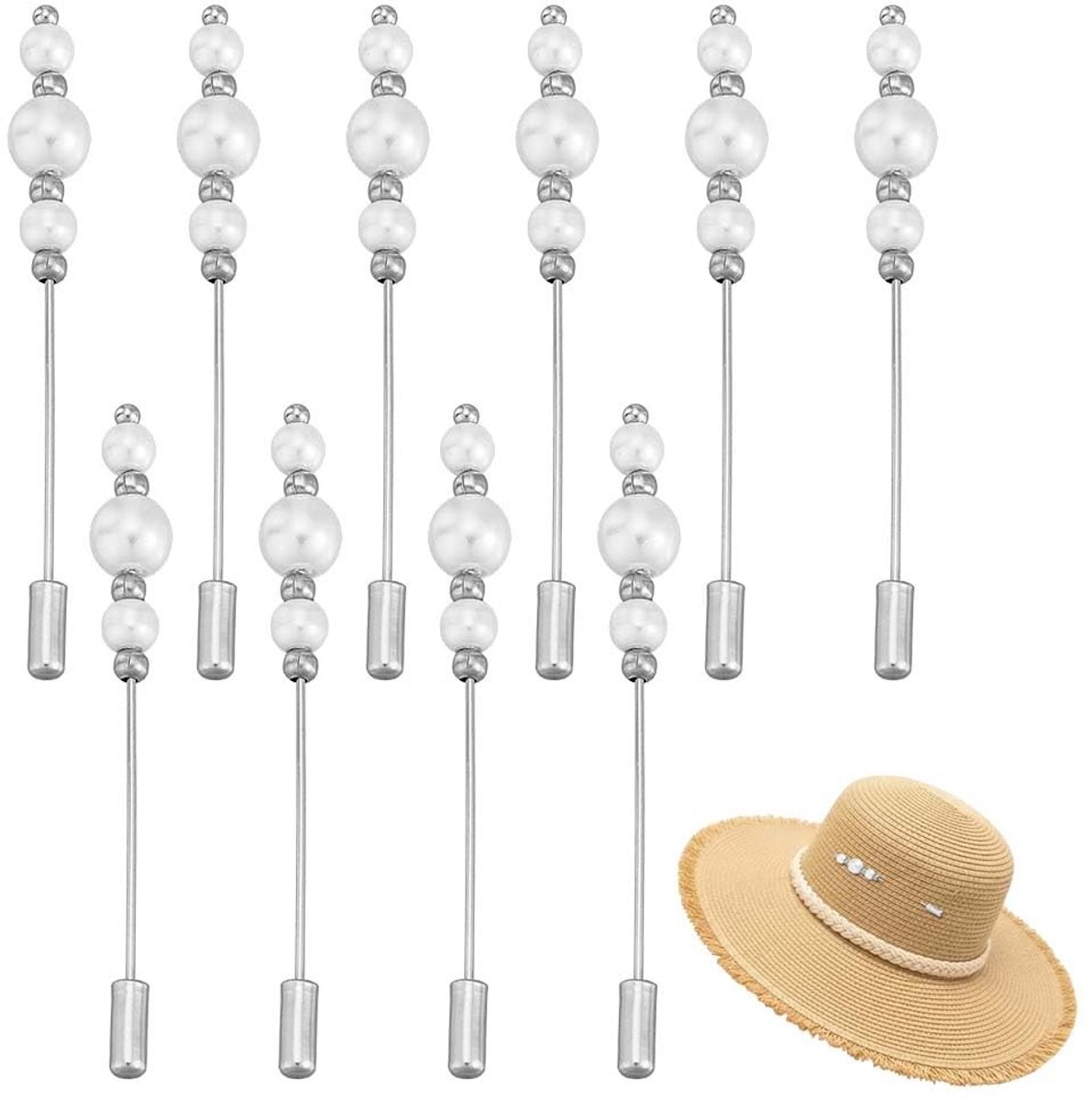 Dailygoods- Hoednaalden 10 Stuks - Messing Broches - Glazen Kralen - Elegante Haarspeld - Veiligheidsspelden - 76 mm Lengte - Broche