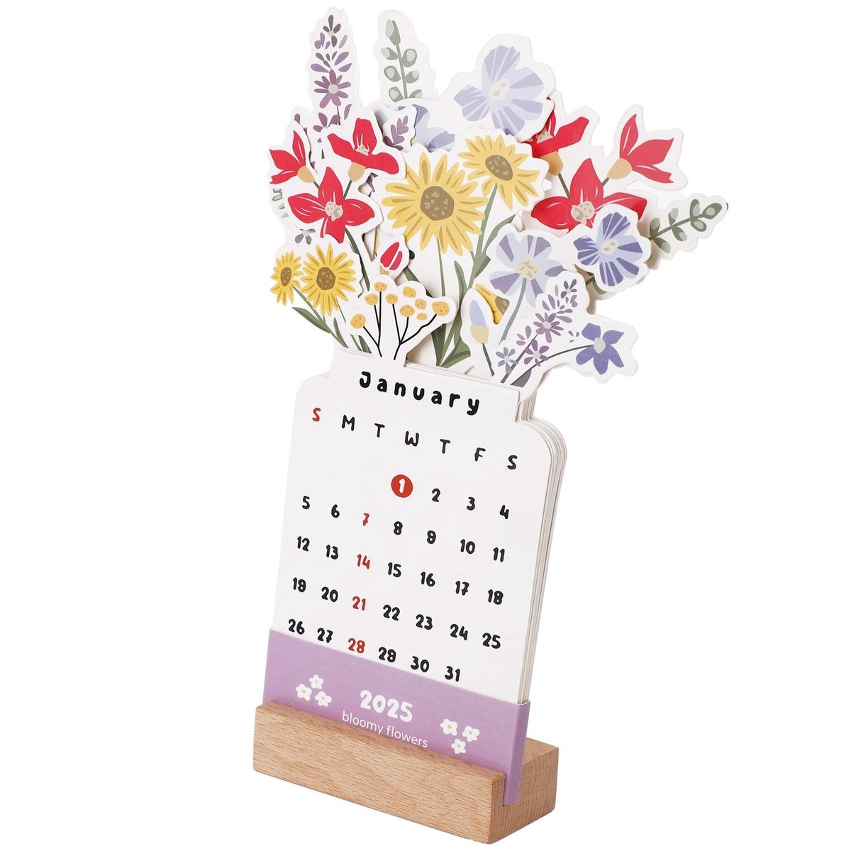 Dailygoods- Bloemenvase Kalender 2026 - Creatieve Maandkalender - Houten Voet - 12 Maanden - Desk Kalender - Multicolor Papier