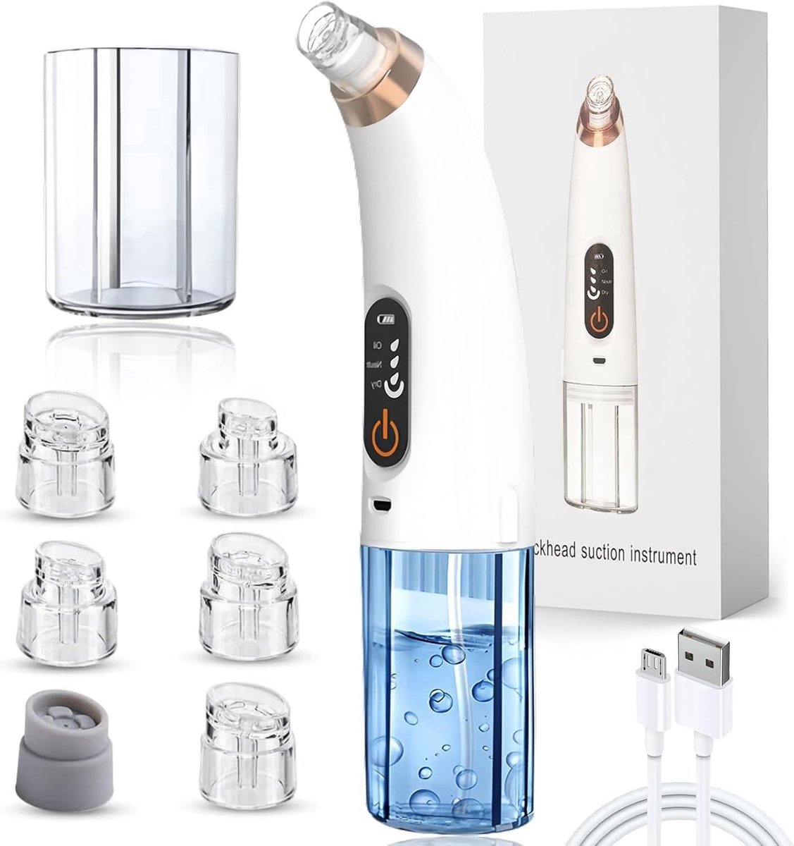 Mee-eterverwijderaar, gezichtsporiënreiniger met zichtbare watertank, 3 zuigkrachtmodi en 6 zuigkoppen, oplaadbare mee-eterverwijderaar voor gezicht, puistje, acne whitehead