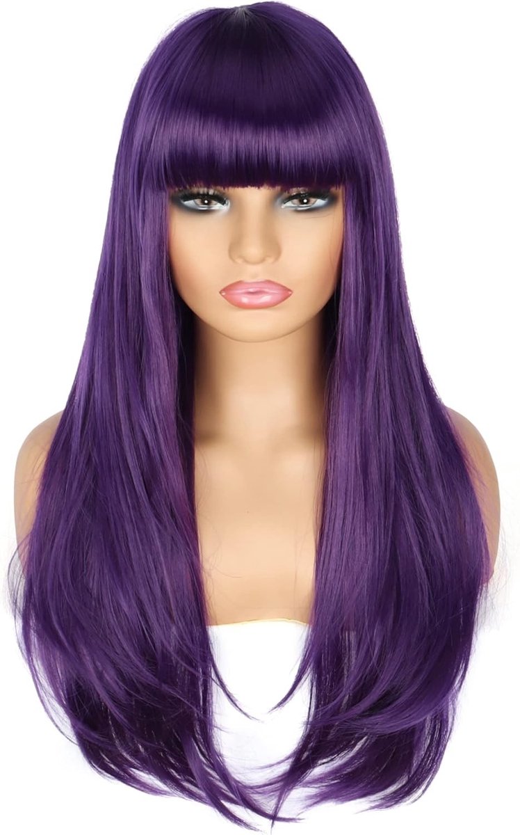 Lange Paarse Peruc k voor Vrouwen, Gelaagd Rechte Synthetische Haarwig met Pony voor Cosplay, Feest en Halloween Kostuum Anime