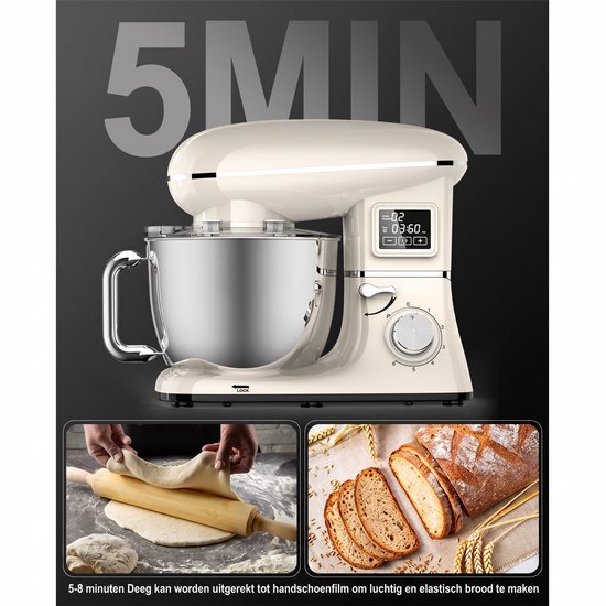 SHANNA Digitale Keukenmachine - 1600W Zuiver Koper - Standmixer - Bakmachine - 6,2L RVS Mengkom - Met LCD Timer, Deeghaak, Garde en Complete Bakaccessoires - Crèmewit — afbeelding 5