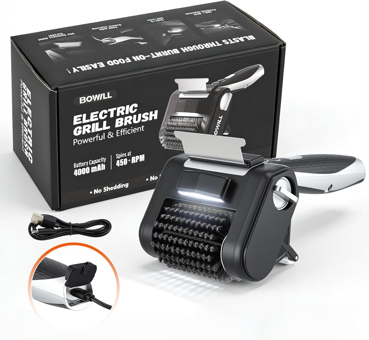 Elektrische Grillborstel - Roestvrijstaal - LED-verlichting - Draadloos - Voor BBQ en Grill
