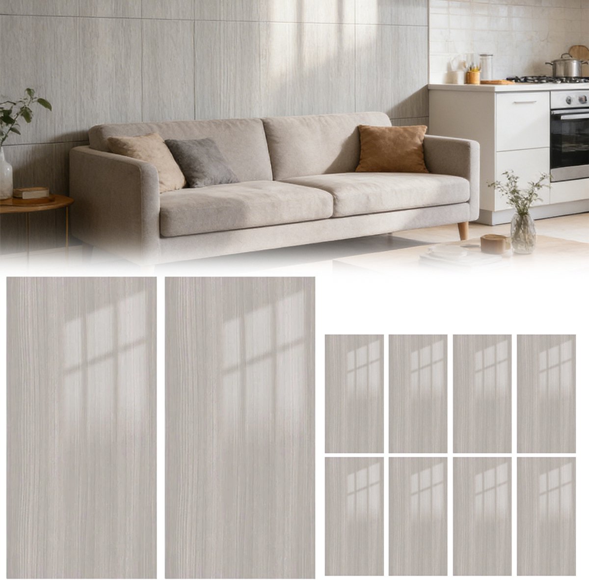 Zelfklevende tegelstickers - 10 stuks - 3D tegelstickers 30 x 60 cm - Water- en vochtbestendig - Decoratieve stickers - Muurstickers voor renovatie - Warme achtergrond voor muren - Geschikt voor keukens en badkamers - Mat wit houtnerf-effect