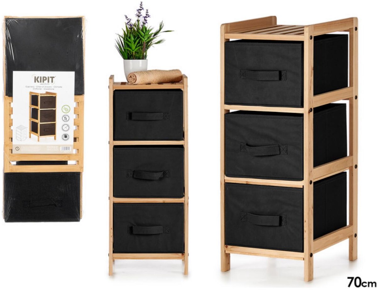 Kipit Opbergkast Bamboe - 3 mandjes - zwart - 29 x 26 x 70 cm - hout/stof - opbergen
