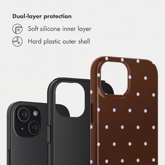 Binnenzijde van een zwart telefoonhoesje en een bruin hoesje met witte stippen.
