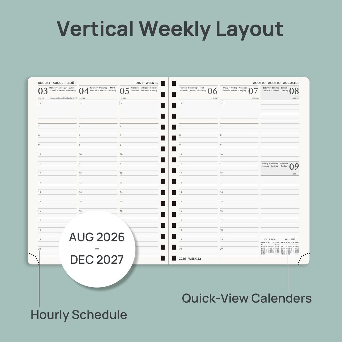 Weekplanner 2026-2027 - Bruin - Verticaal Uurrooster - Zachte Spiral Binding - Voor Studenten en Kantoormedewerkers