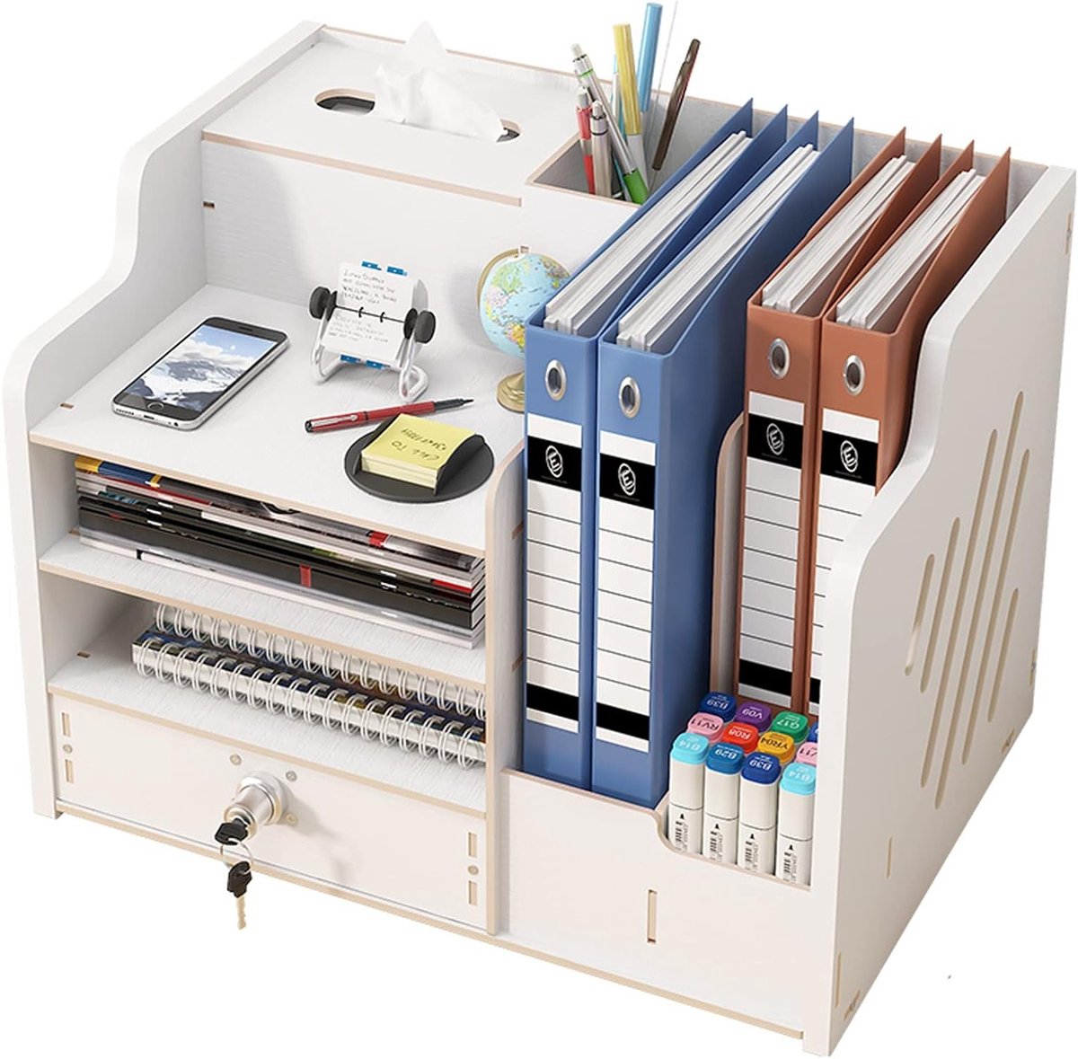 Houten Bureau Organizer met Opbergbak, Ruimtebesparend Systeem voor Kantoor en Thuis 39 X 29 X 28cm