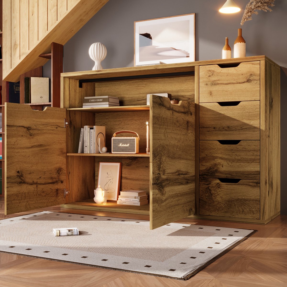 MEUNIQ dressoir 150 x 40 x 90 cm met 2 deuren, 4 lades, open vak en verstelbare planken, sideboard voor woonkamer of hal in eikenlook met zwart metalen frame