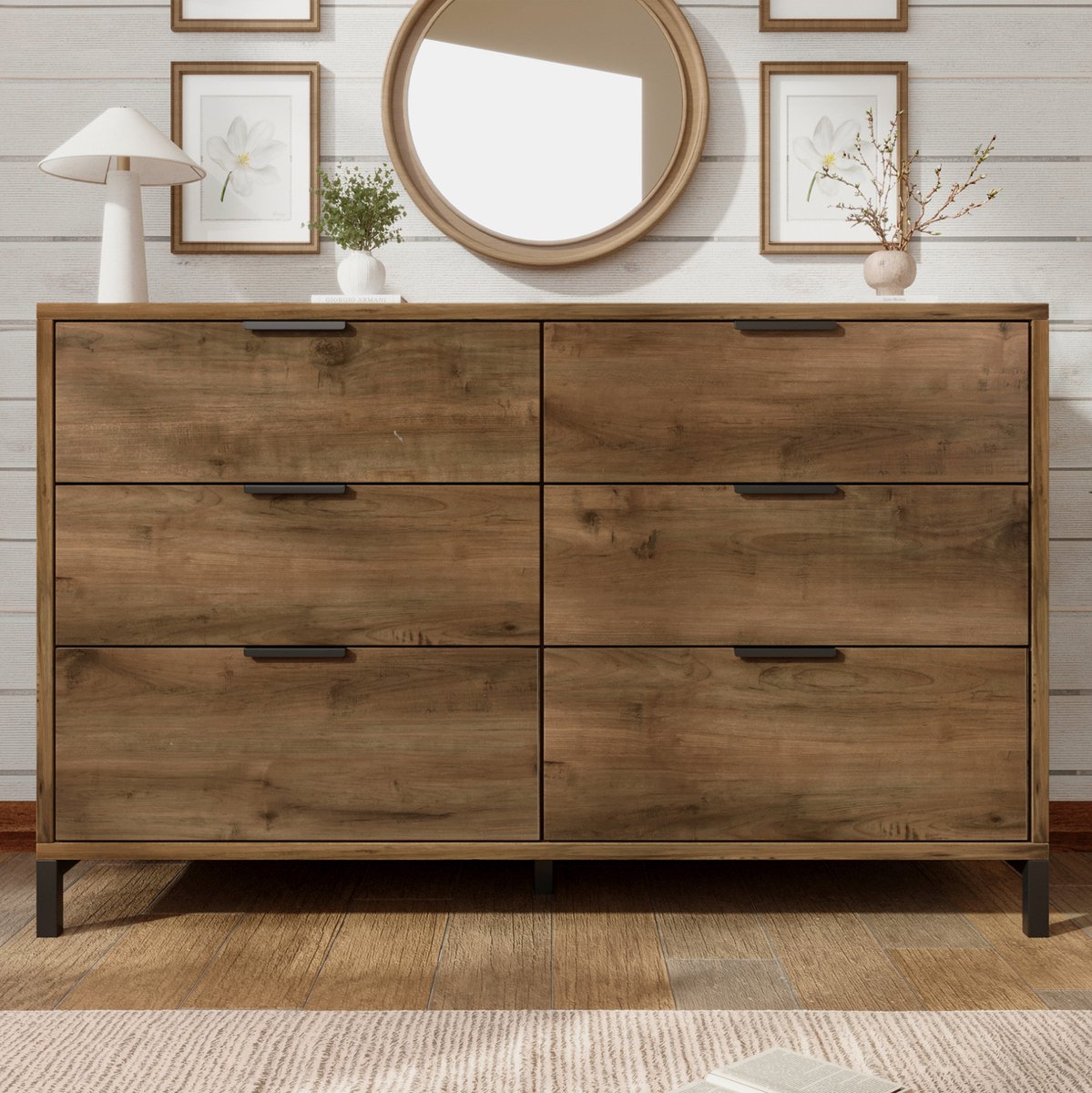 MEUNIQ dressoir met 6 lades 120 x 40 x 76 cm donker eiken, sideboard met metalen poten en grepen voor slaapkamer of woonkamer