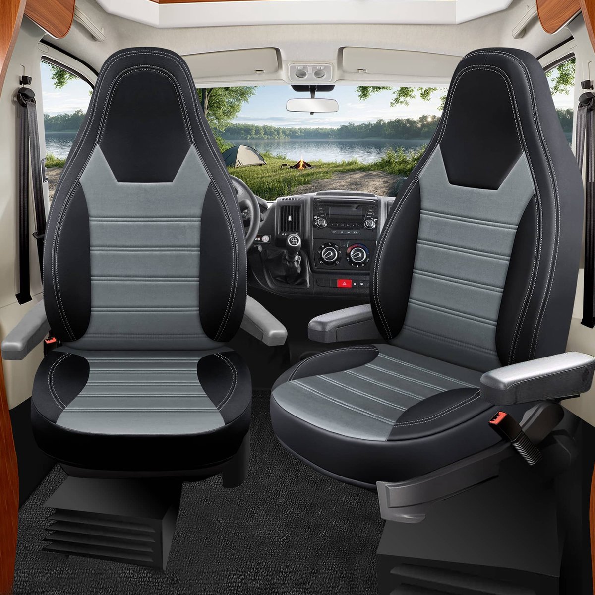 Premium Camper stoelhoezen voor Rapido Serie 6F HW1 in Zwart/Donkergrijs (2 losse stoelen)