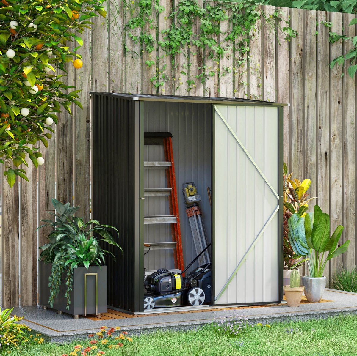MEUNIQ Gereedschapsschuur 161,5 x 94,5 x 196 cm van staal met lessenaarsdak en afsluitbare deur, metalen tuinschuur voor tuinopslag, zwart