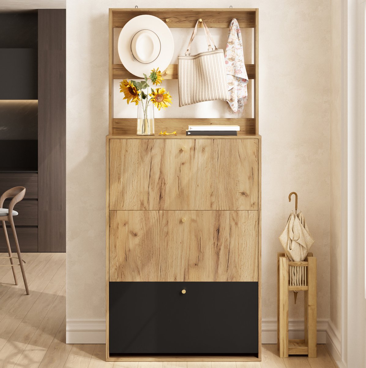 MEUNIQ Schoenenkast 75x24x180 cm met 3 kleppen en haken, staande opbergkast voor hal of entree, verstelbare vakindeling, spaanplaat in zwart en naturel
