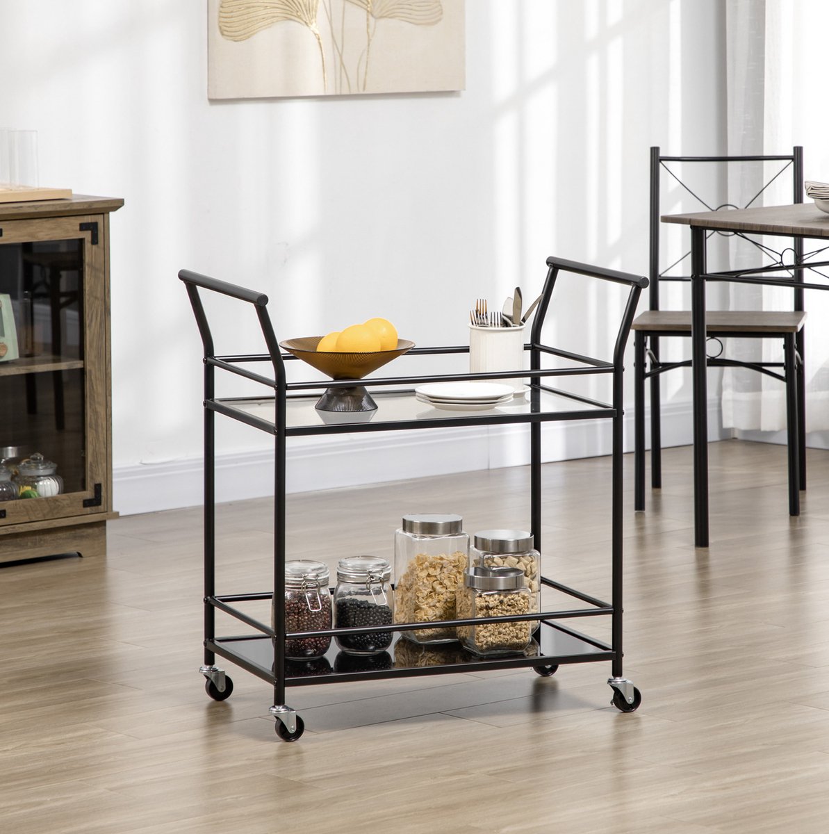 MEUNIQ keukenwagen op wielen 75 x 40 x 80 cm met 2 glazen legplanken, metalen frame, 4 zwenkwielen met 2 remmen, serveerwagen en bijzettafel voor keuken en eetkamer, zwart