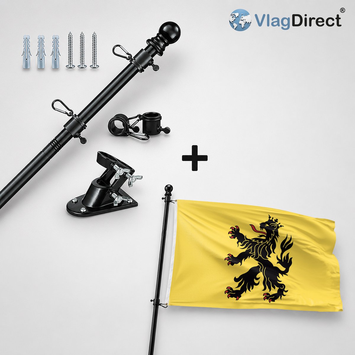 VlagDirect - Compleet vlaggenpakket - Zwarte vlaggenstok inclusief vlaggenstokhouder + Hulst vlag - Gemeente Hulst vlag - 90 x 150 cm.