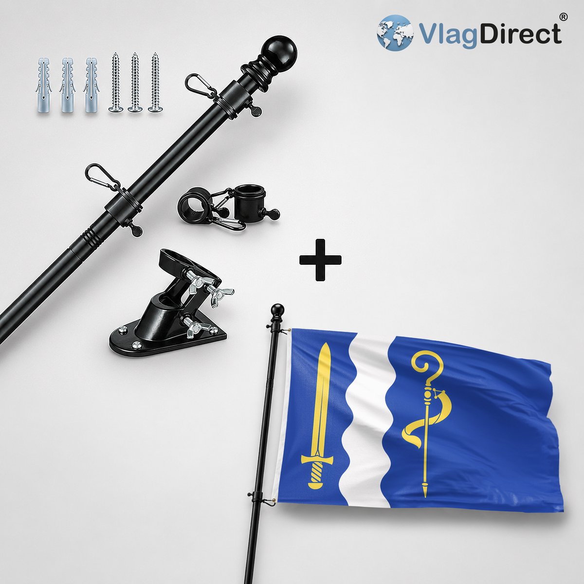 VlagDirect - Compleet vlaggenpakket - Zwarte vlaggenstok inclusief vlaggenstokhouder + Maasgouw vlag - Gemeente Maasgouw vlag - 90 x 150 cm.