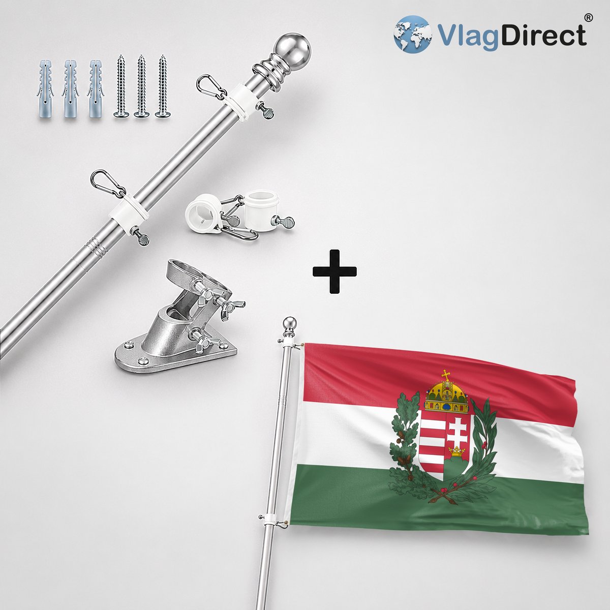 VlagDirect - Compleet vlaggenpakket - Zilveren vlaggenstok inclusief vlaggenstokhouder + Hongaarse vlag met wapen - Hongarije vlag met wapen - 90 x 150 cm.