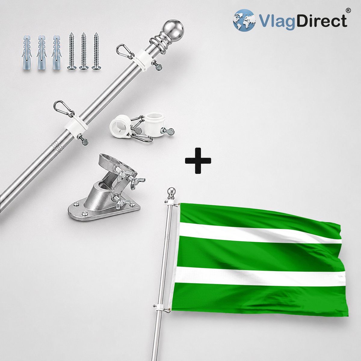 VlagDirect - Compleet vlaggenpakket - Zilveren vlaggenstok inclusief vlaggenstokhouder + Gemeente Hotton vlag - 90 x 150 cm.