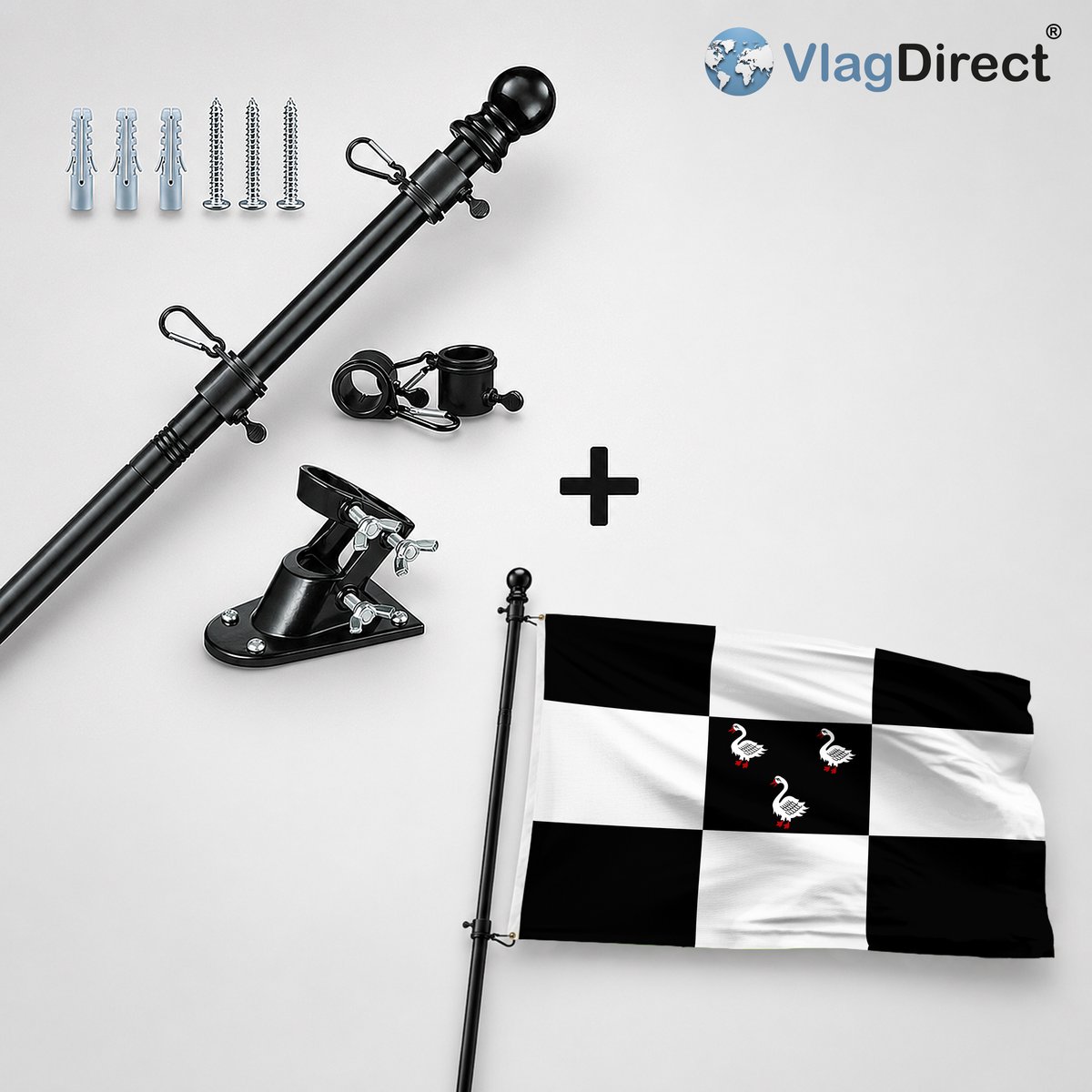 VlagDirect - Compleet vlaggenpakket - Zwarte vlaggenstok inclusief vlaggenstokhouder + Jabbeekse vlag - Gemeente Jabbeke vlag - 90 x 150 cm.