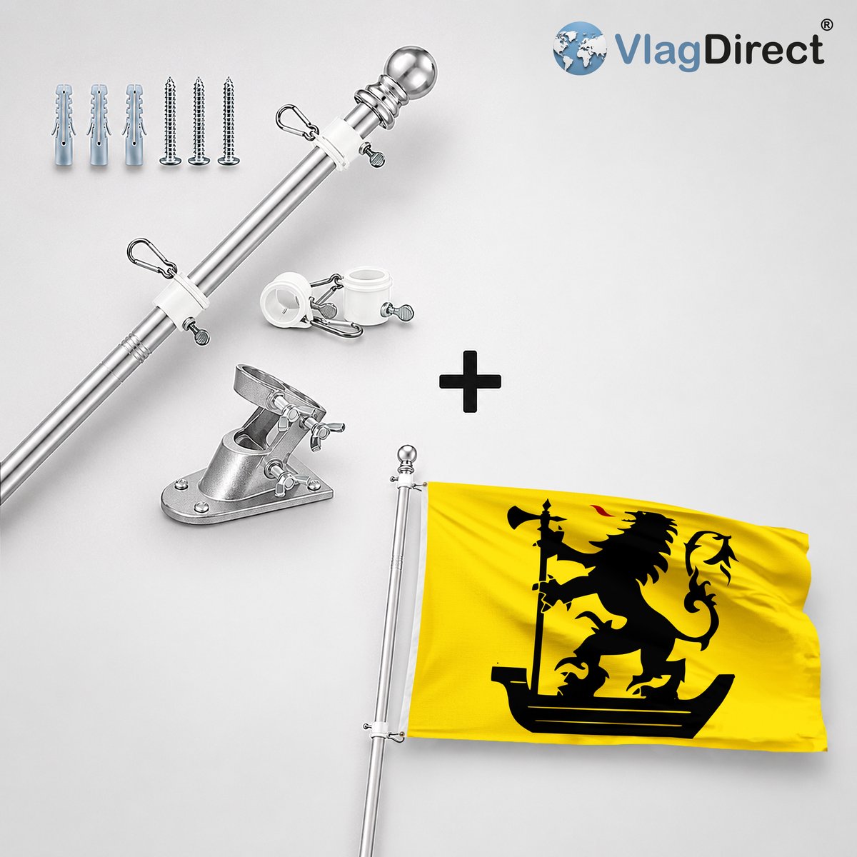 VlagDirect - Compleet vlaggenpakket - Zilveren vlaggenstok inclusief vlaggenstokhouder + Nieuwpoortse vlag - Gemeente Nieuwpoort vlag - 90 x 150 cm.