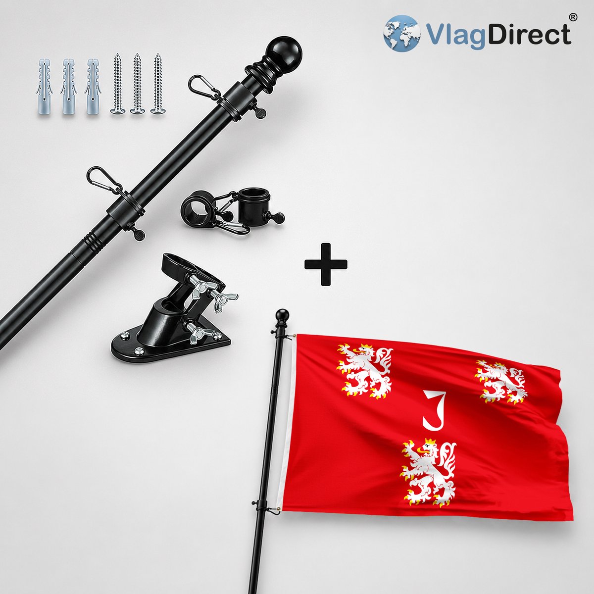 VlagDirect - Compleet vlaggenpakket - Zwarte vlaggenstok inclusief vlaggenstokhouder + Gemeente Jurbeke vlag - 90 x 150 cm.