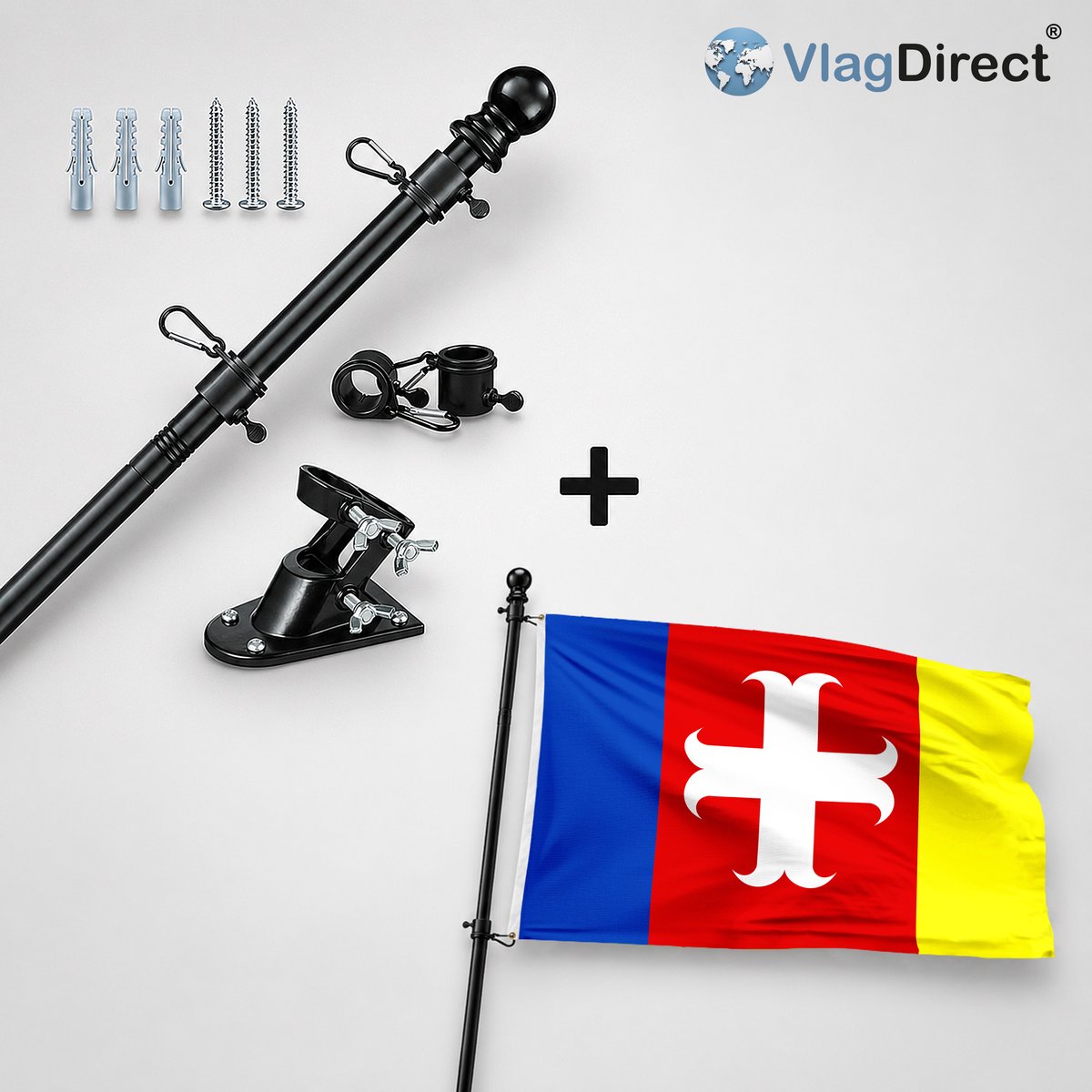 VlagDirect - Compleet vlaggenpakket - Zwarte vlaggenstok inclusief vlaggenstokhouder + Avelgemse vlag - Gemeente Avelgem vlag - 90 x 150 cm.