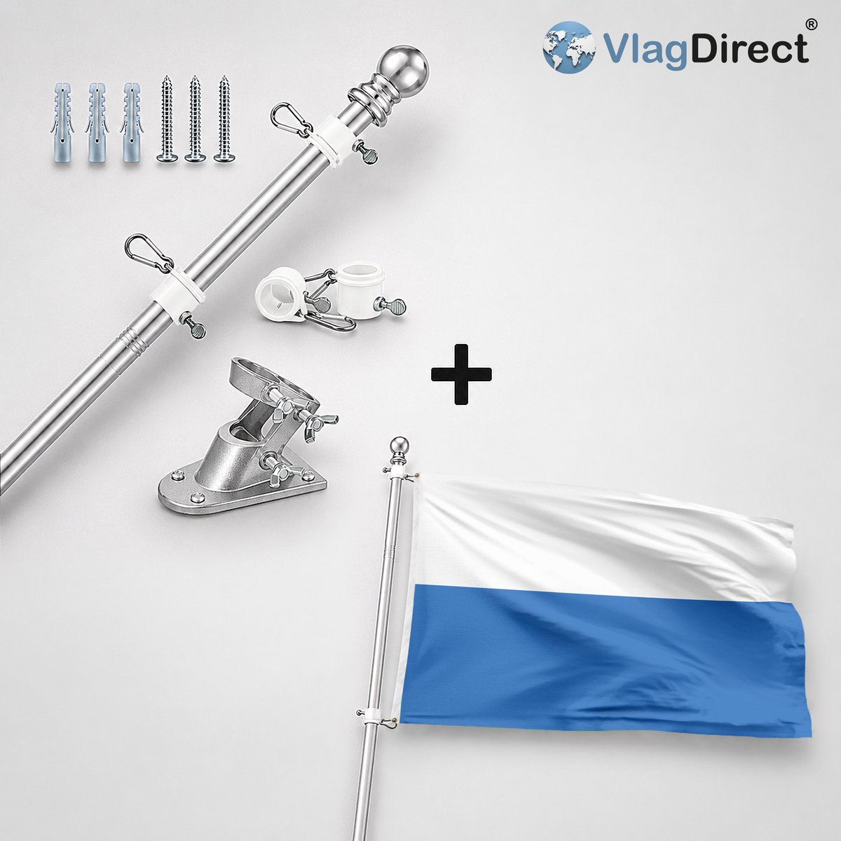 VlagDirect - Compleet vlaggenpakket - Zilveren vlaggenstok inclusief vlaggenstokhouder + Aarlense vlag - Gemeente Aarlen vlag - 90 x 150 cm.