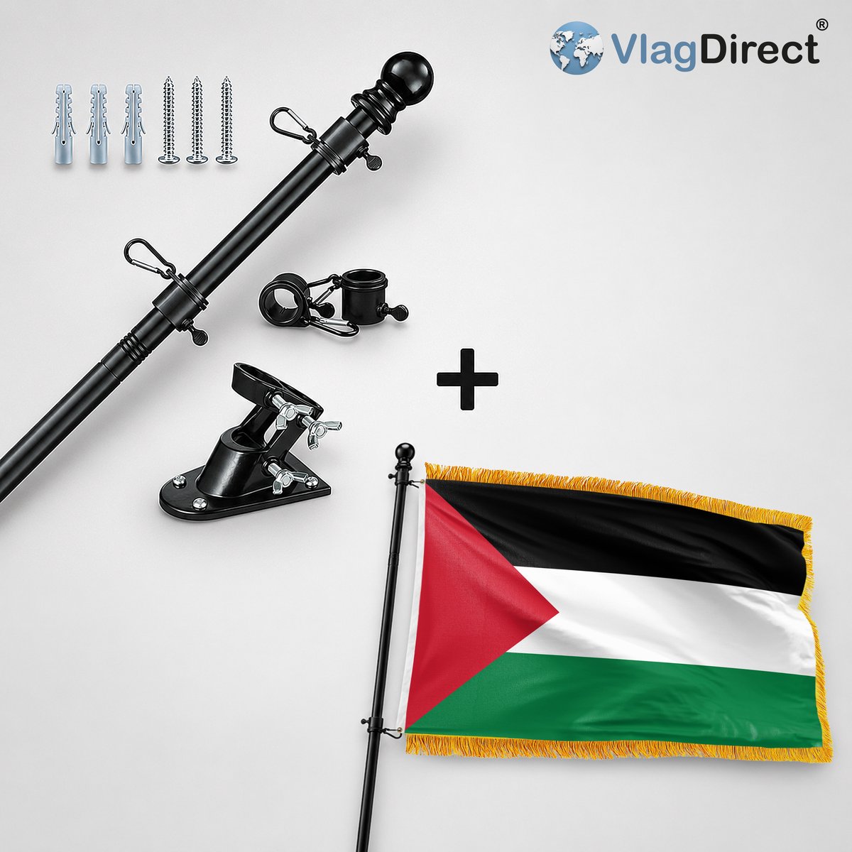 VlagDirect - Compleet vlaggenpakket - Zwarte vlaggenstok inclusief vlaggenstokhouder + Palestijnse vlag - Palestina vlag - 90 x 150 cm.