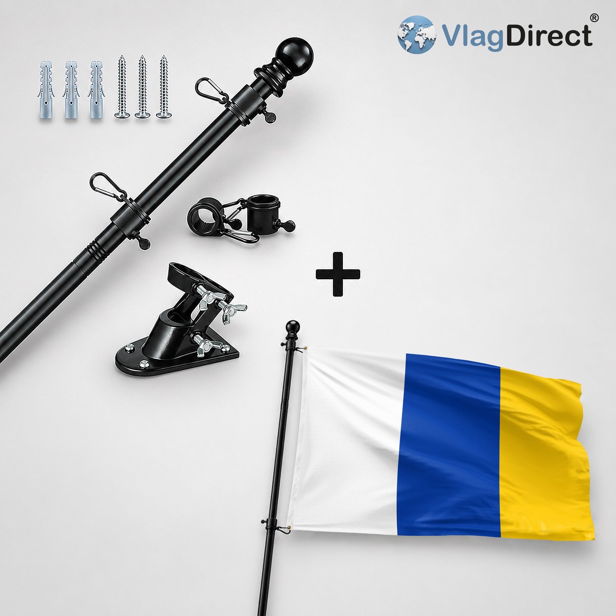 VlagDirect - Compleet vlaggenpakket - Zwarte vlaggenstok inclusief vlaggenstokhouder + Doetinchem vlag - Gemeente Doetinchem vlag - 90 x 150 cm.