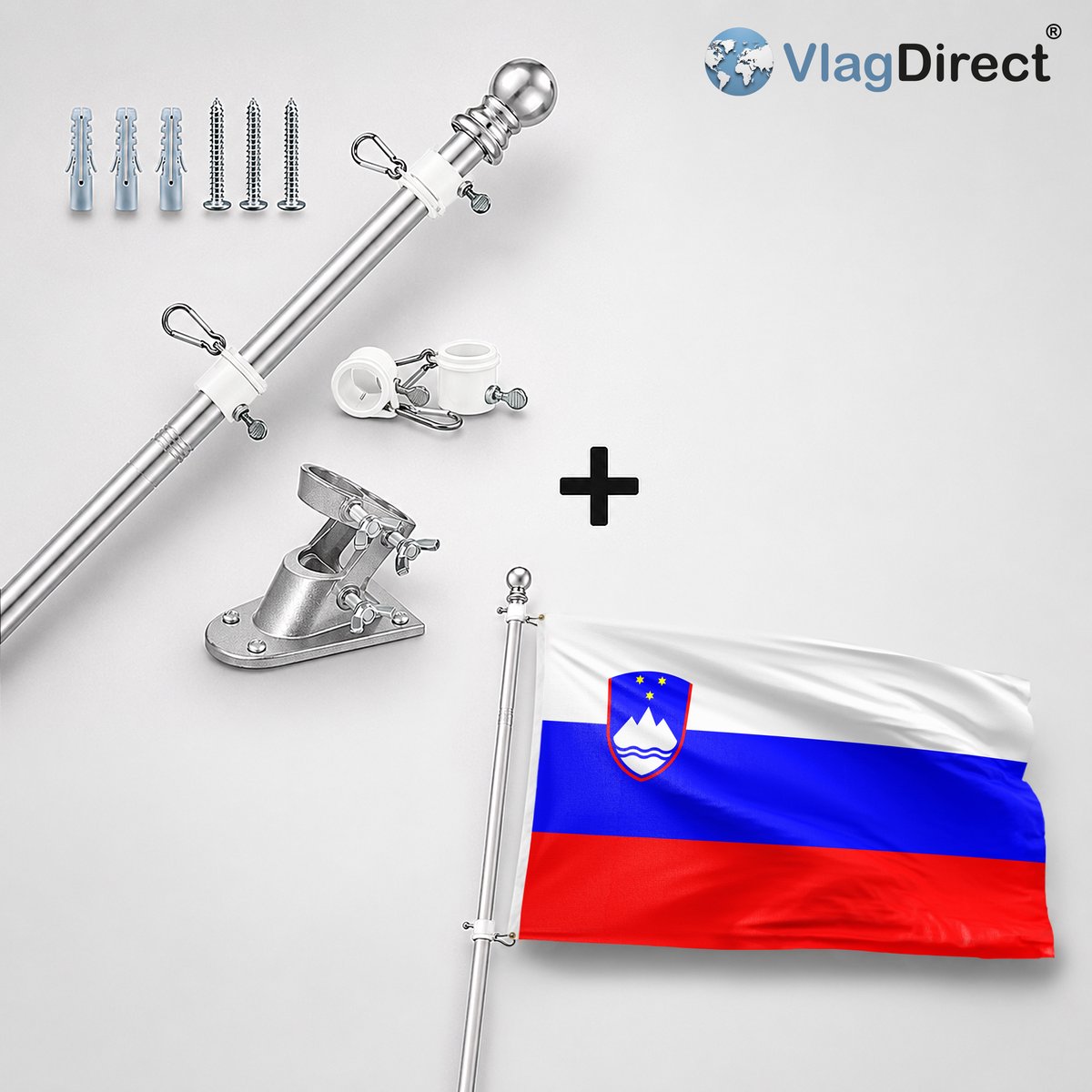 VlagDirect - Compleet vlaggenpakket - Zilveren vlaggenstok inclusief vlaggenstokhouder + Sloveense vlag - Slovenië vlag - 90 x 150 cm.