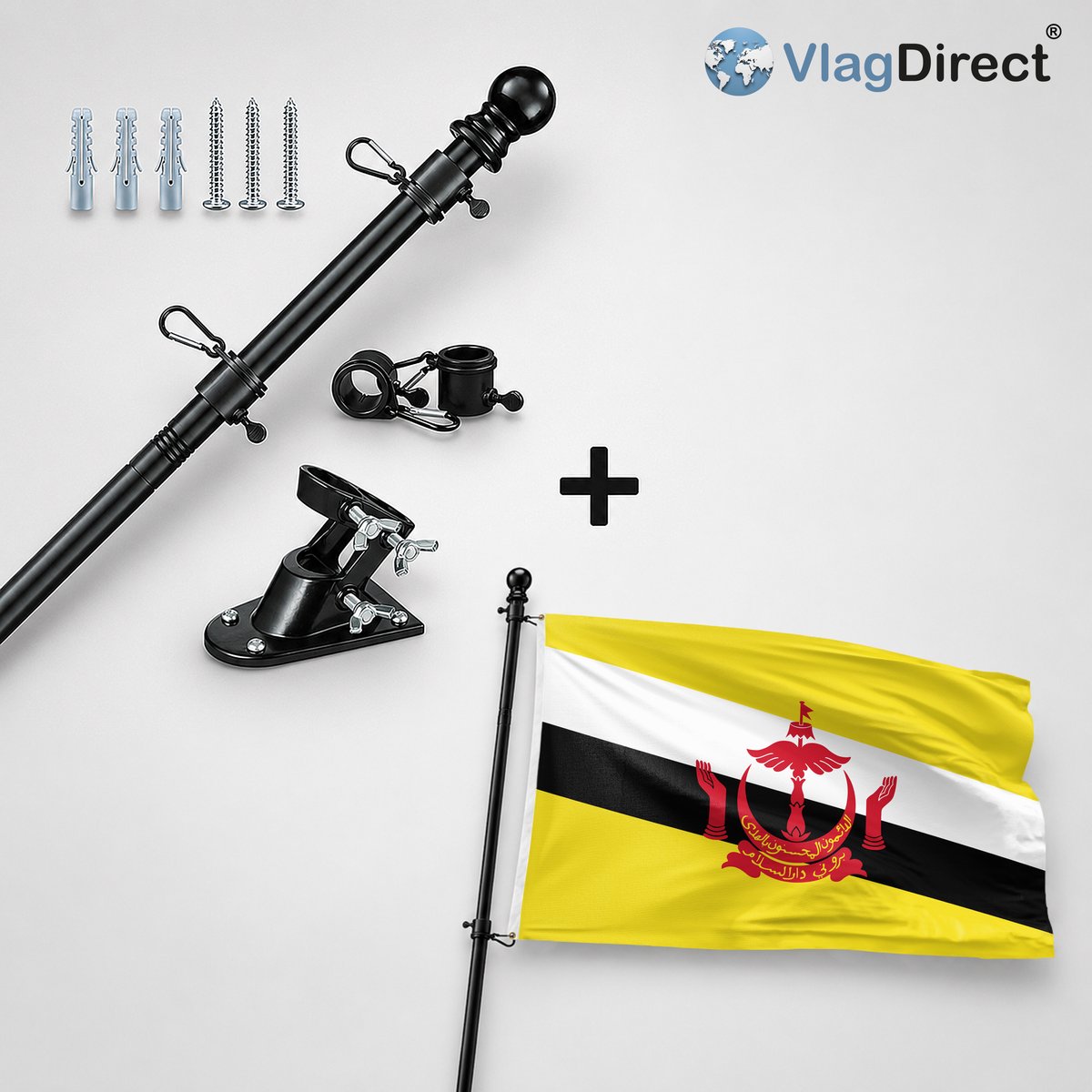VlagDirect - Compleet vlaggenpakket - Zwarte vlaggenstok inclusief vlaggenstokhouder + Brunese vlag - Brunei vlag - 90 x 150 cm.