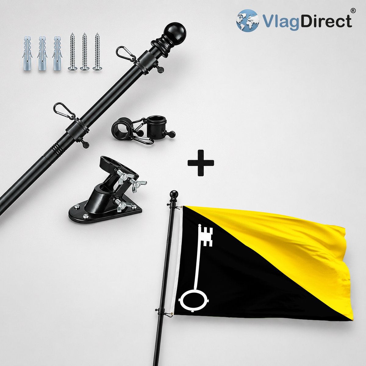 VlagDirect - Compleet vlaggenpakket - Zwarte vlaggenstok inclusief vlaggenstokhouder + Gemeente Incourt vlag - 90 x 150 cm.