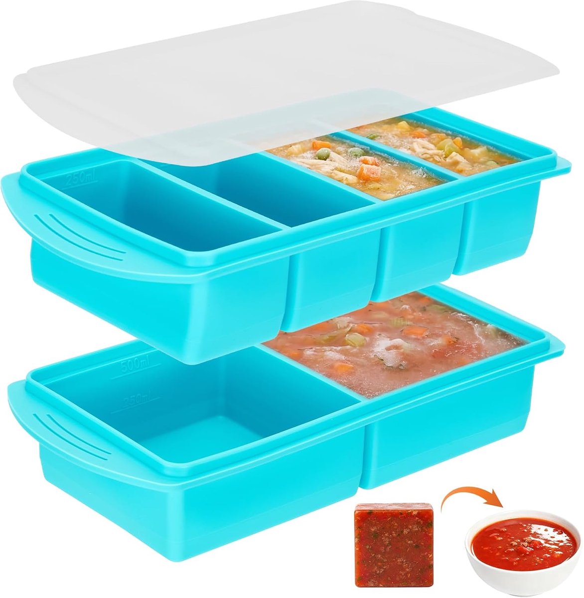 Silicone Freezer Mould with Lid Set of 2 + 4 Compartments, Freezer Container and Portioner with Scale, 250-500 ml for - ShopVlot