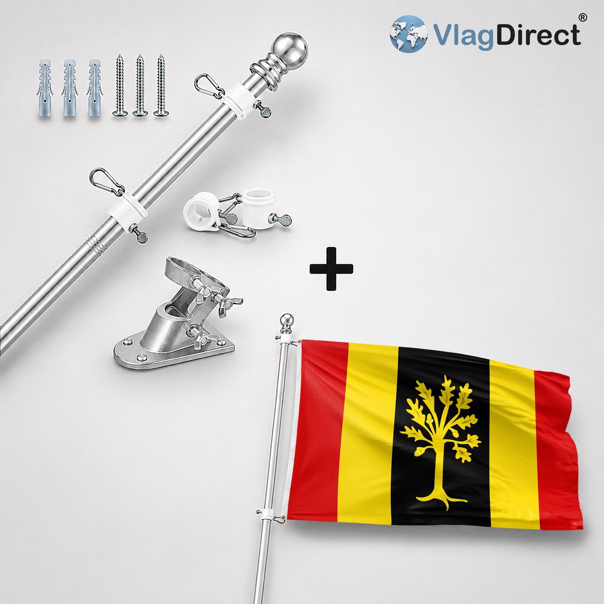 VlagDirect - Compleet vlaggenpakket - Zilveren vlaggenstok inclusief vlaggenstokhouder + Waalwijk vlag - Gemeente Waalwijk vlag - 90 x 150 cm.