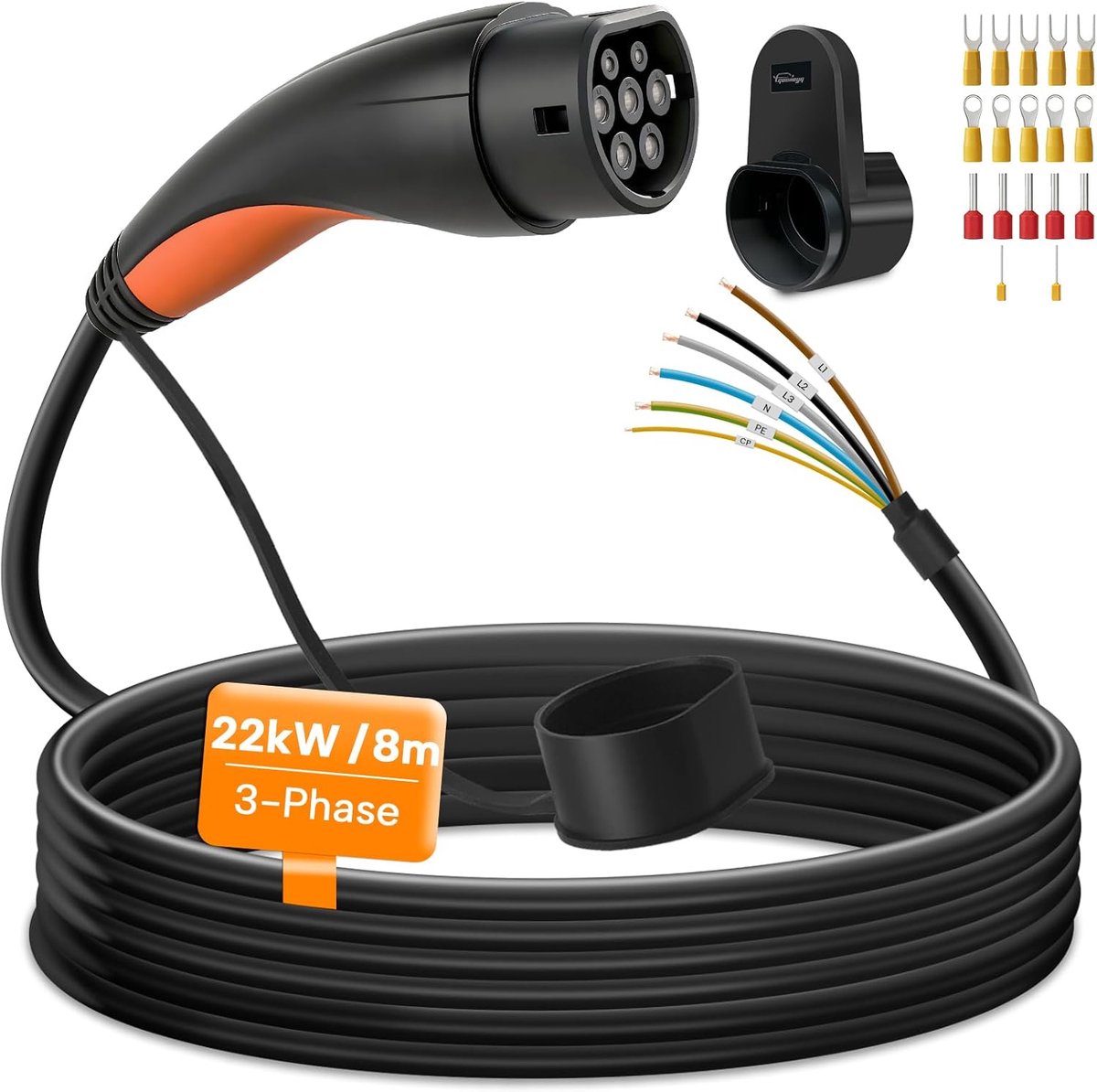 Type 2 charging cable open end, 22kW/3-phase/32A/8m, replacement cable for wallbox and Type 2 charging station - ShopVlot