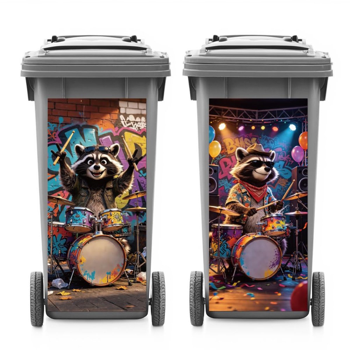 Vuilnisbak Stickers - 2 Vel met Raccoon Drum - Waterdichte Graffiti - Verfraai je Afvalbakken - ShopVlot