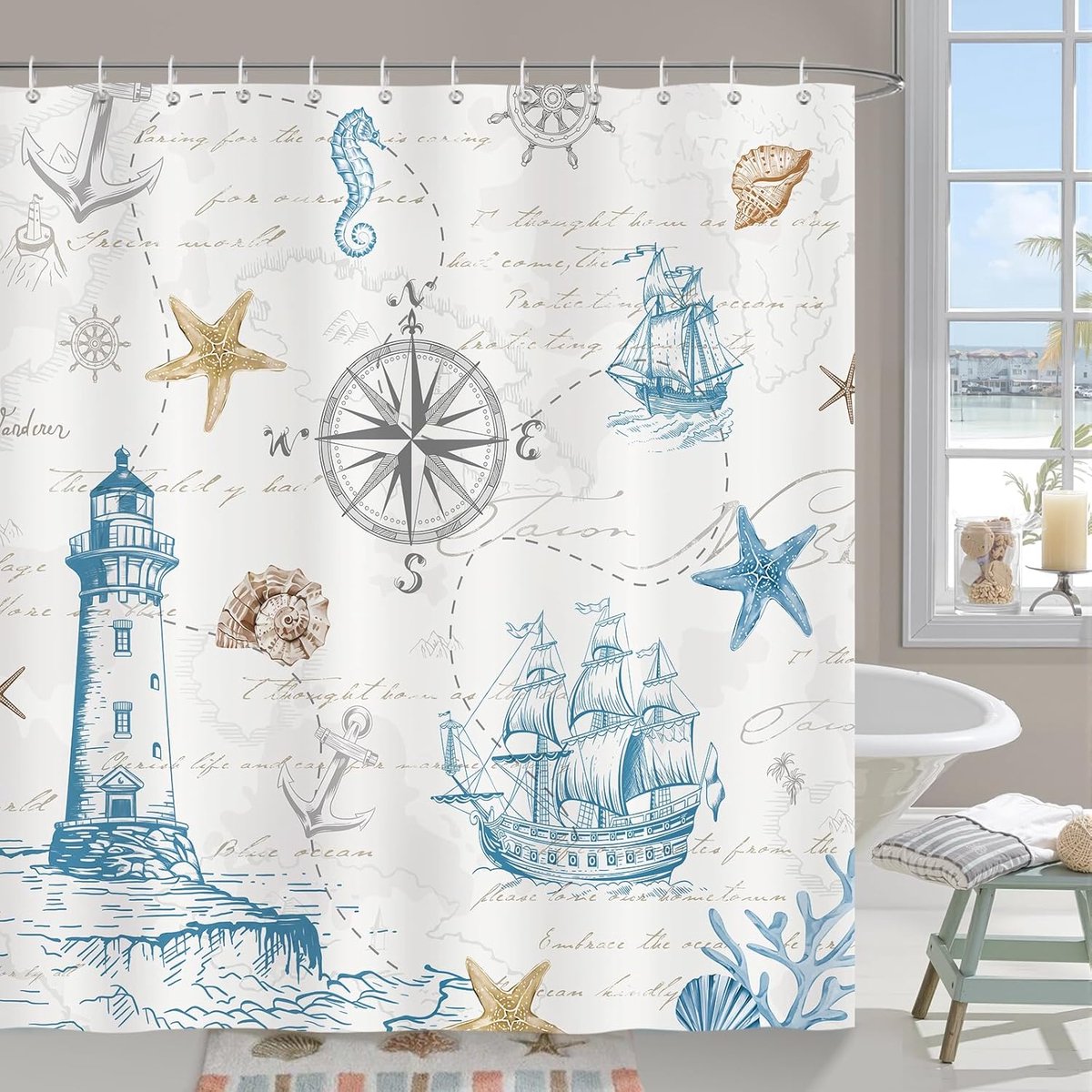 Douchegordijn nautische kaart 182 x 183cm - polyester - waterdicht - vintage strandthema - ShopVlot