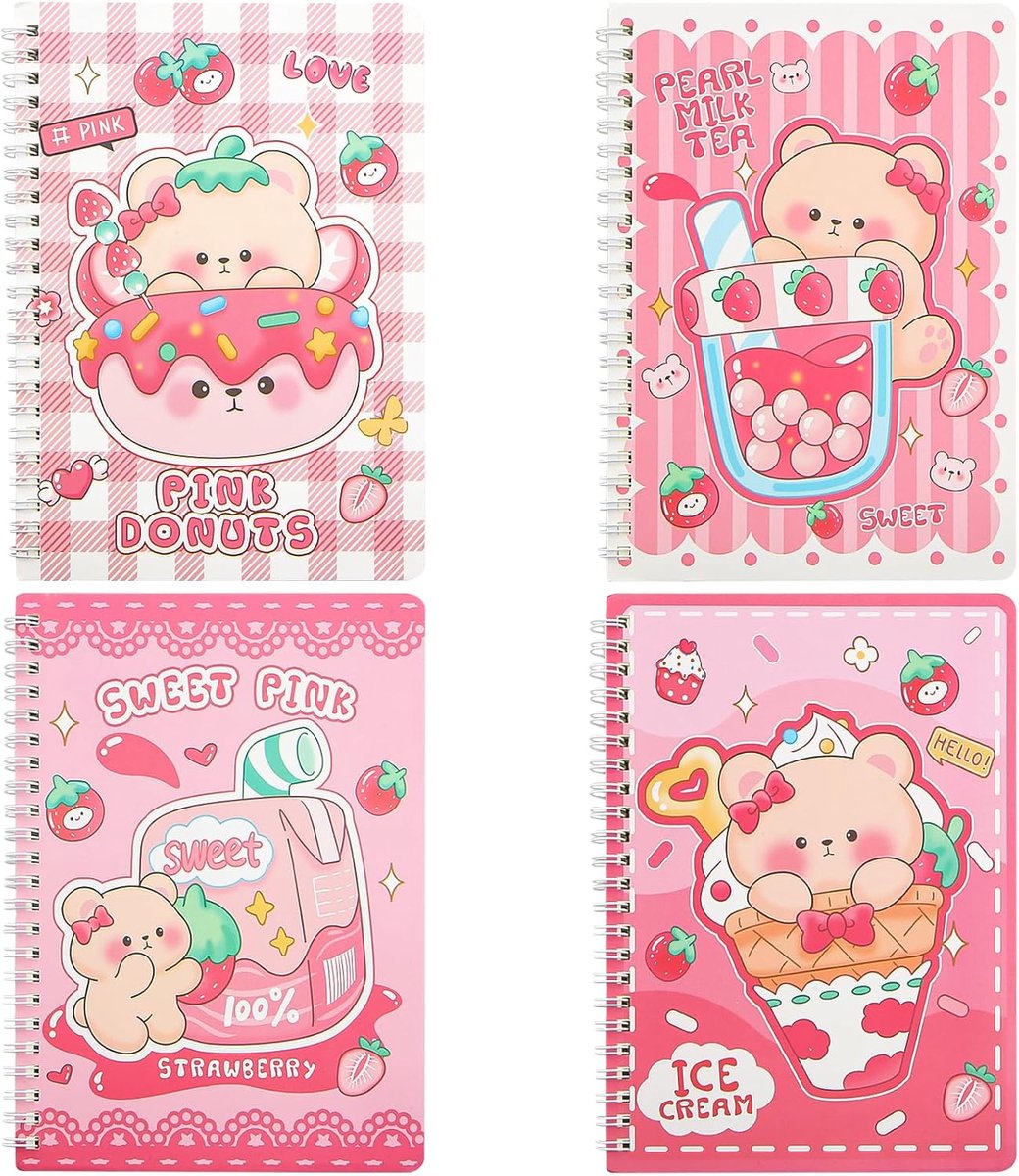 Spiraalnotitieboekjes A5 Set van 4 - Roze Beer - Verschillende Desserts - Ideaal voor School en Office - ShopVlot