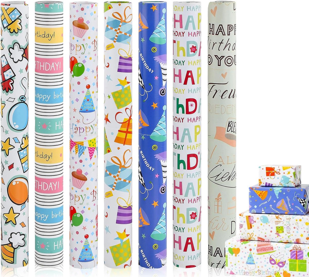Cadeaupapier verjaardagset - 7 stuks - verschillende patronen - perfect voor elke gelegenheid - ShopVlot