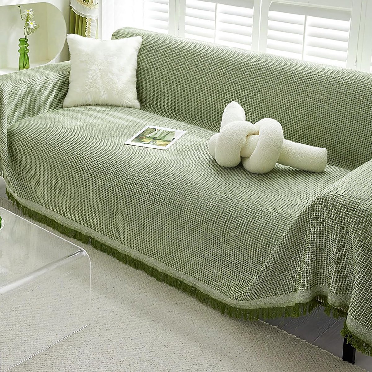 Wafel-piqué, bankdeken, 180 x 260 cm, in matcha-groen, antislip eendelig als sprei en bankdoek, ademende seizoensdeken - ShopVlot