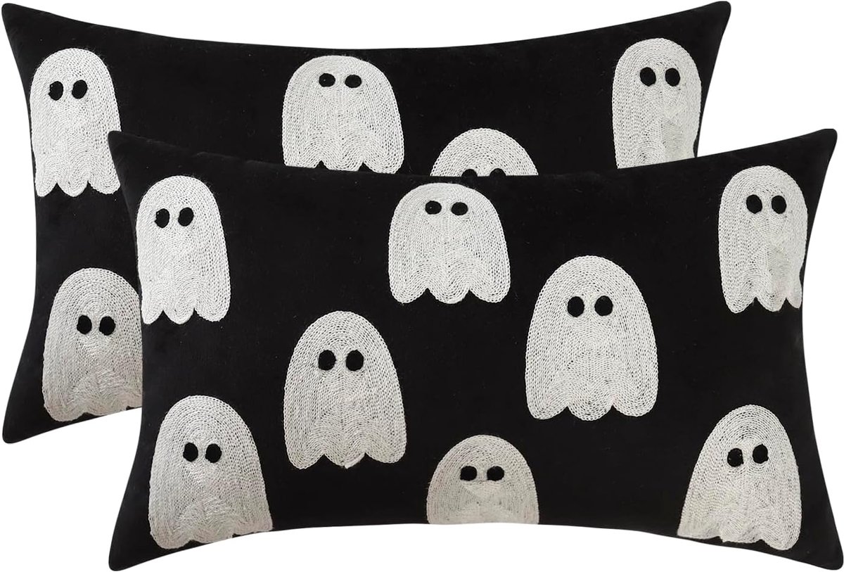 Tosleo Halloween Decor Cushion Covers 12x20 Set of 2 White Cute Ghost Throw Pillow Cases Happy Halloween Black - ShopVlot