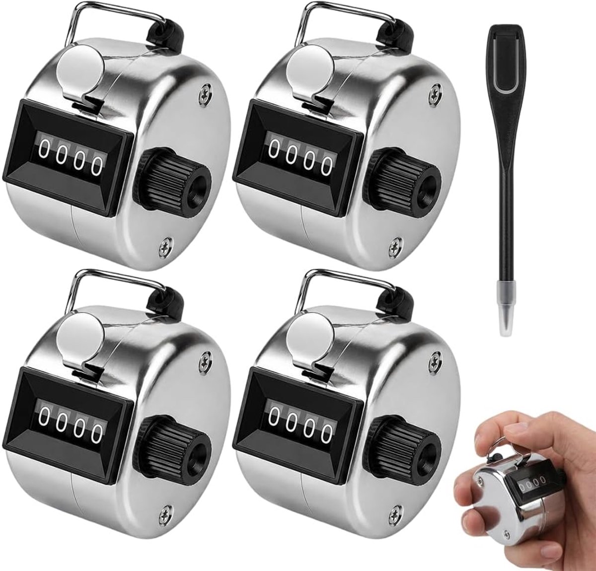 4 Pieces Mechanical Hand Counters, Stainless Steel, Click Counter, Four Digit, with Reset Button and Finger Holder - ShopVlot