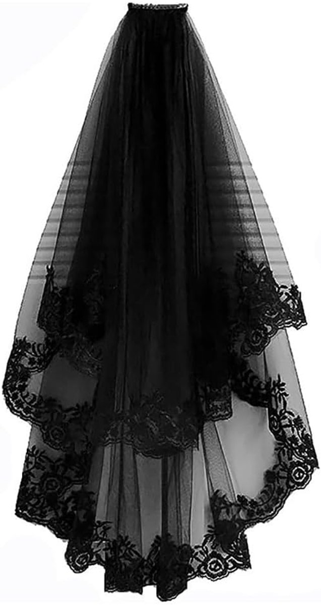 Black Lace Veil Bridal 2 Tier Wedding Veils Fingertip Length Halloween Party Veil with Comb, Black, One size - ShopVlot