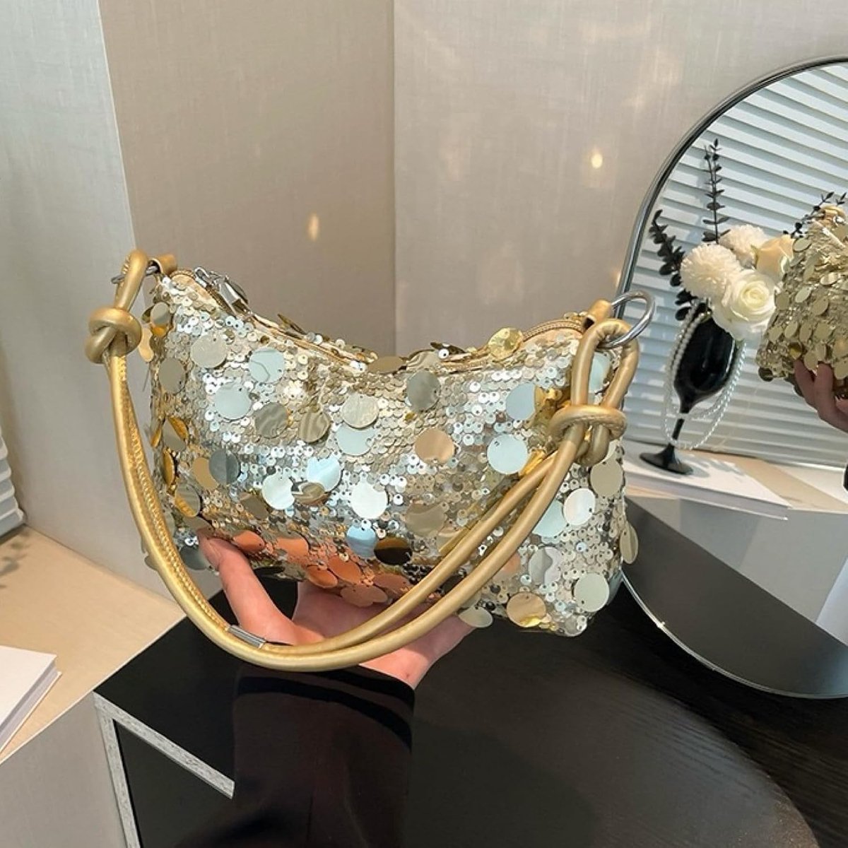 Clutch Schoudertas met pailletten en glitters, voor dames, hoge capaciteit, met ritssluiting, handtas voor gala - ShopVlot