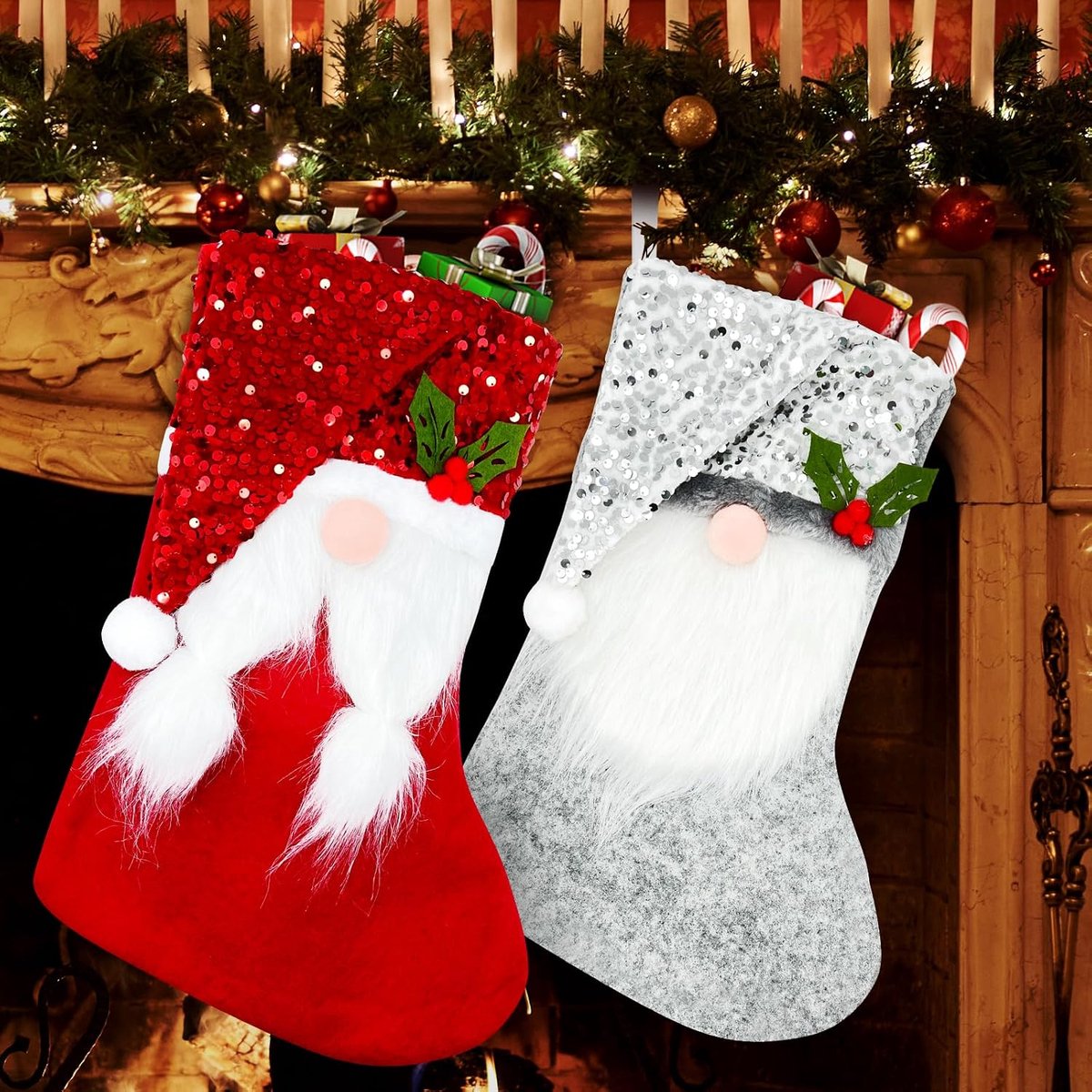 Christmas Stocking Large for Filling Set of 2 Glitter Fireplace Christmas Stocking Stocking Set of 2 Fireplace Socks - ShopVlot