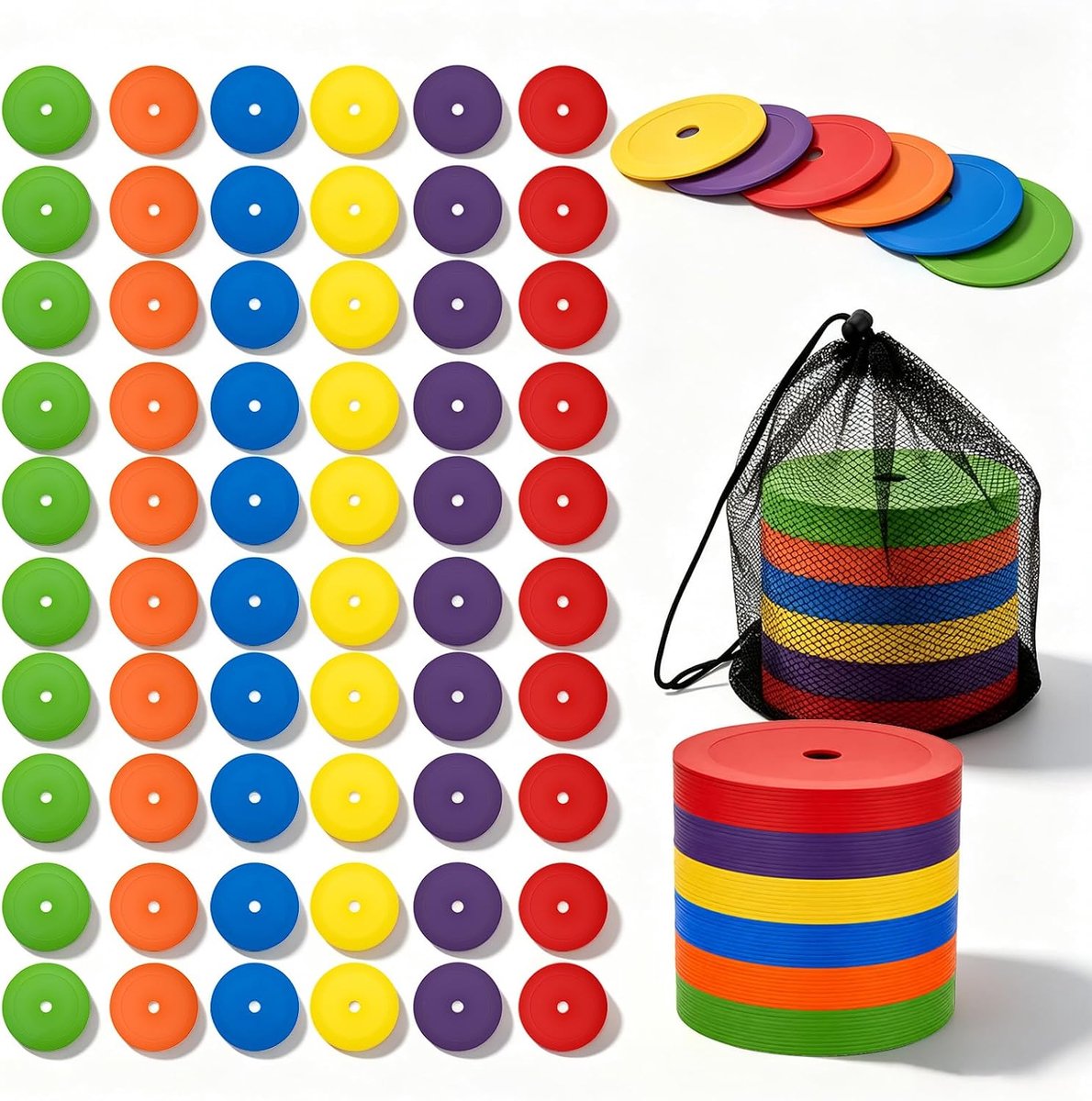 60 stuks markeringsschijven, 15 cm voetbalmarkeringen, antislip vloermarkers in 6 kleuren, met zwarte nettas, platte - ShopVlot