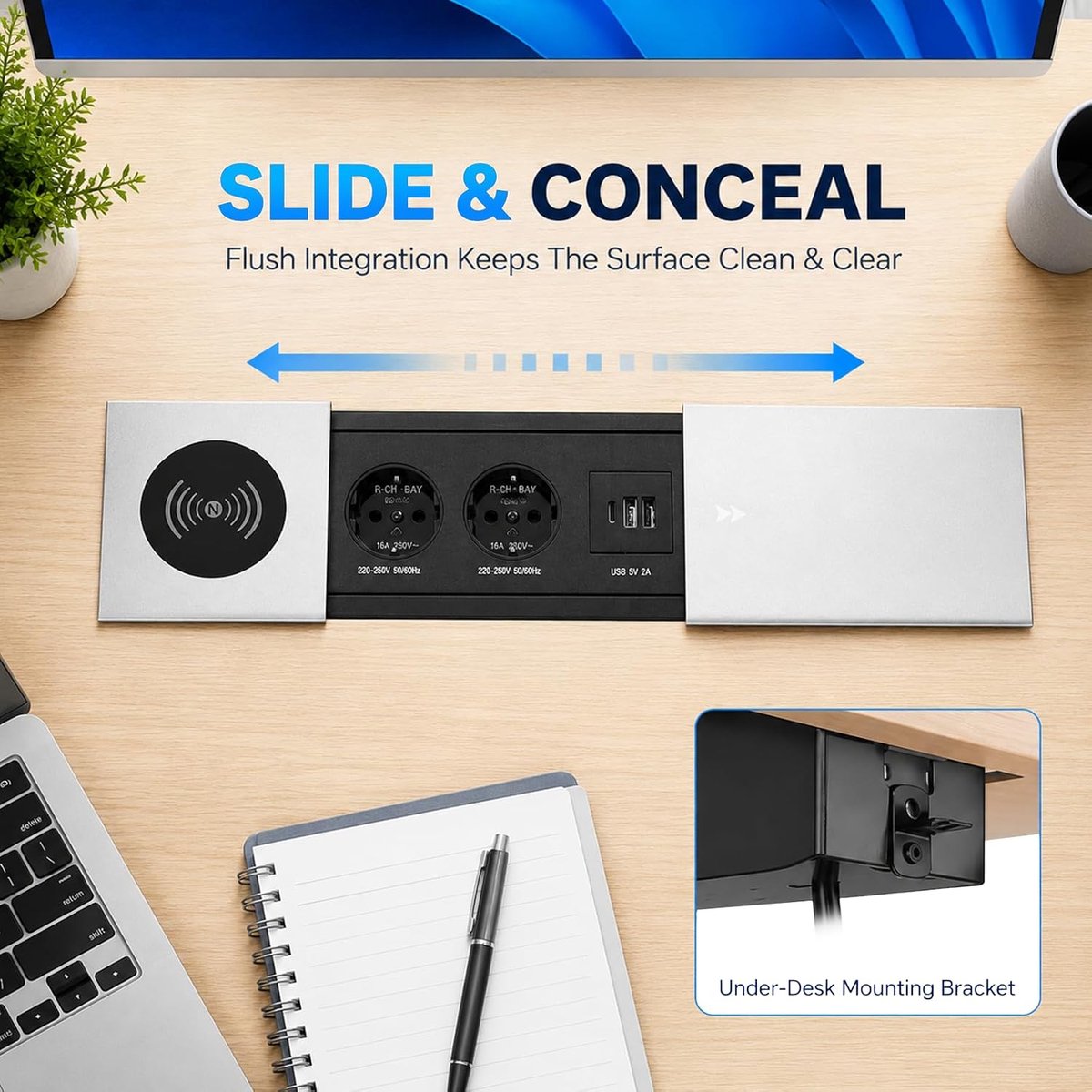Inbouwstopcontact met USB C en draadloze oplader (zilver) - 2-voudige inbouwstekkerdoos, met deksel en 1,8 m kabel - ShopVlot
