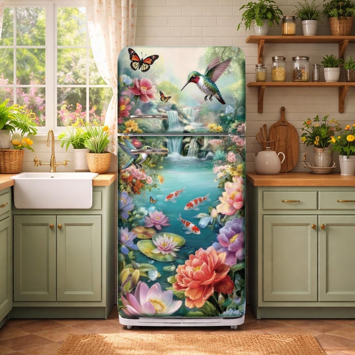 Koelkast wraps 2 stuks - zelfklevend vinyl - lotusbloem en kolibrie - decor voor keuken - ShopVlot