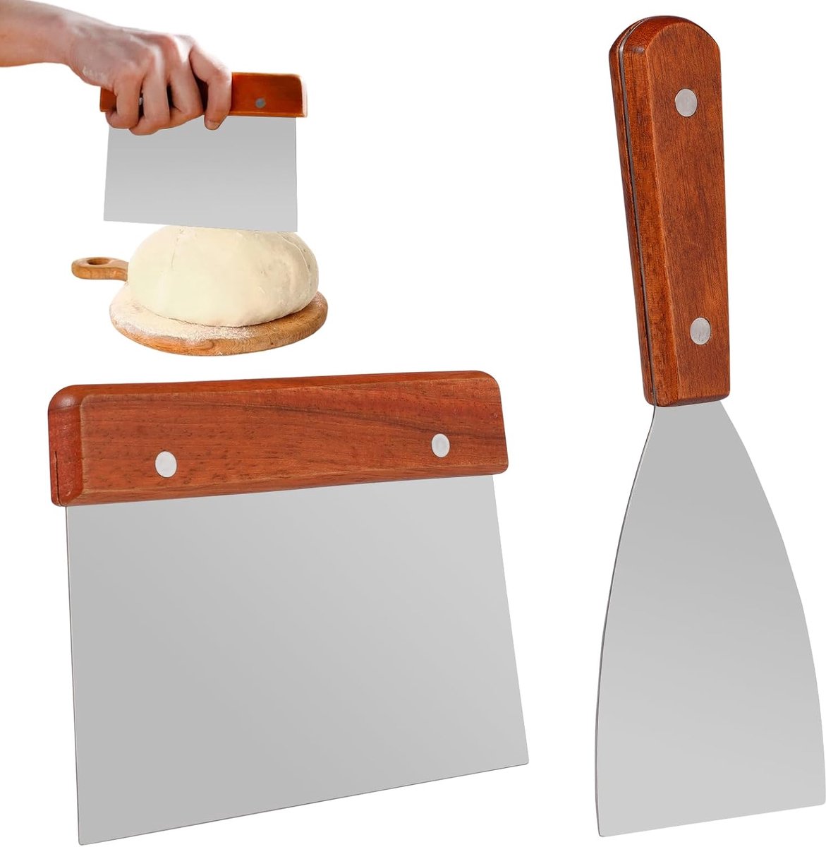 Deegschraper Set 2 Stuks - Houten Handvat - Roestvrij staal - Ideaal voor pizza en brooddeeg - ShopVlot